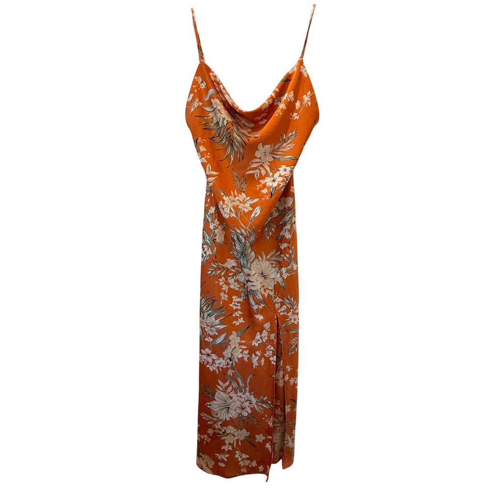 Y2K Tropical Paper Heart Rust Orange Floral Cowl Neck Midi Slip Dress Womens M